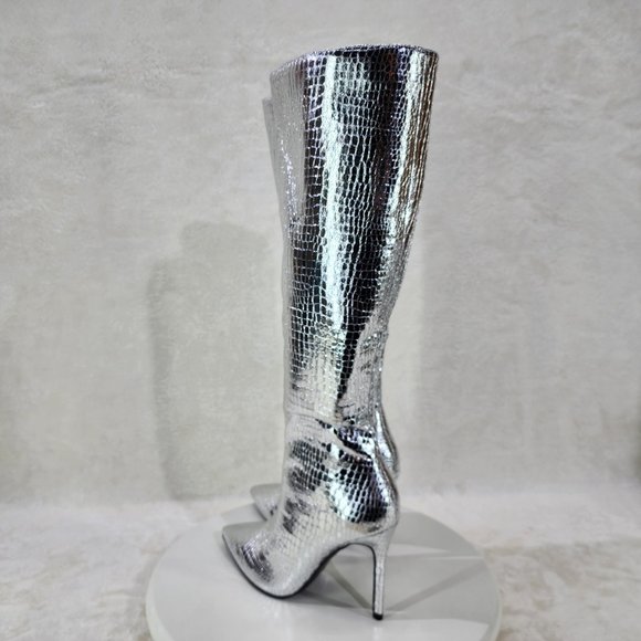 Silver Metallic  Festive   Pointy Toe Boots With 4 inch Stiletto Heel - Picture 6 of 11